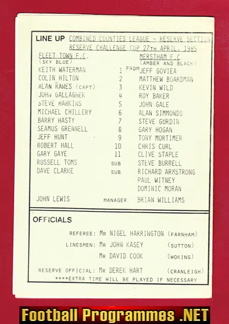 Fleet Town v Merstham 1985 - Challenge Cup Final at Leatherhead