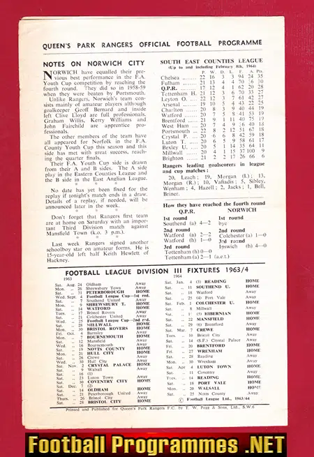 Queens Park Rangers v Norwich City 1964 - FA Cup