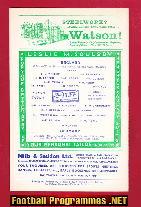 England v Germany 1958 - Youth Match at Bolton Wanderers
