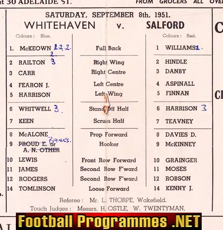 Whitehaven Rugby v Salford 1951