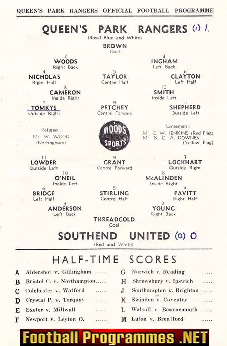Queens Park Rangers v Southend United 1953