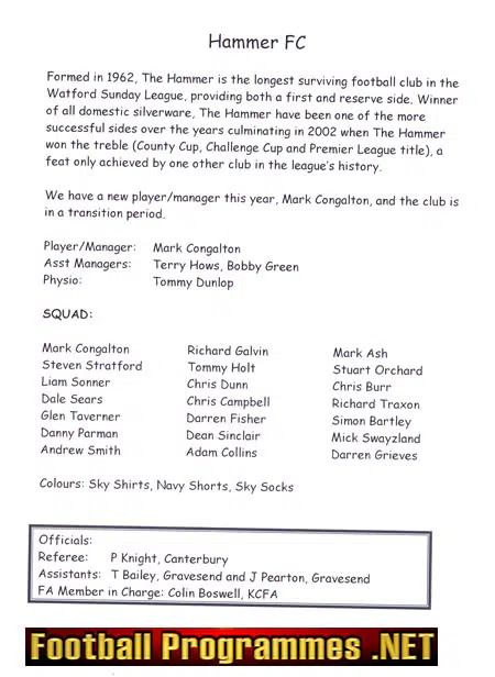 Rainham Sports v Hammer 2005 – Sunday Cup