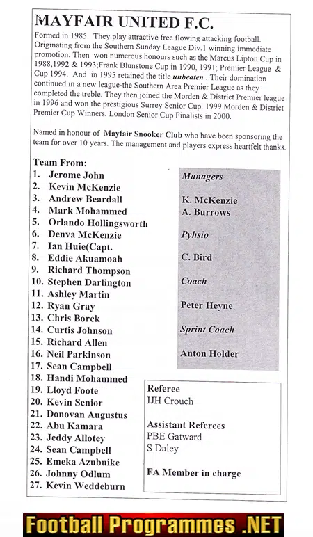 Mayfair United v St Josephs 2001 - Sunday Cup