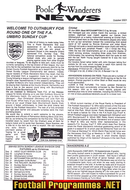 Poole Wanderers v Palmerston WMC 2001 – Sunday Cup