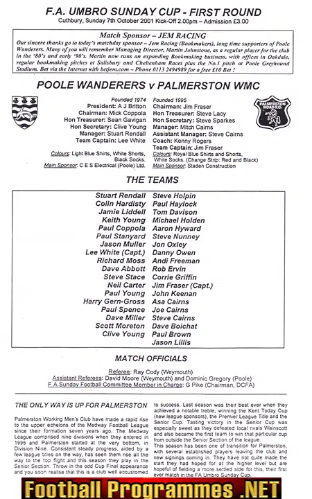 Poole Wanderers v Palmerston WMC 2001 – Sunday Cup