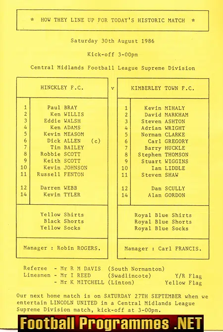 Hinckley v Kimberley Town 1986 - 1st First Ever Match
