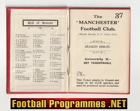 Manchester Rugby Football Club Season Ticket Book 1926 - 1927
