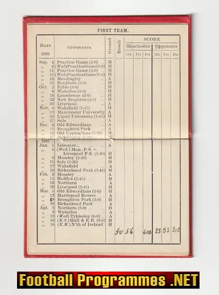 Manchester Rugby Football Club Season Ticket Book 1926 - 1927