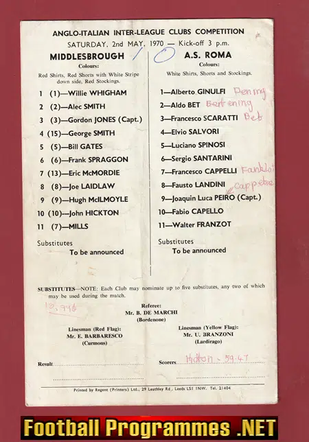 Middlesbrough v AS Roma 1970 - Multi Autographed SIGNED
