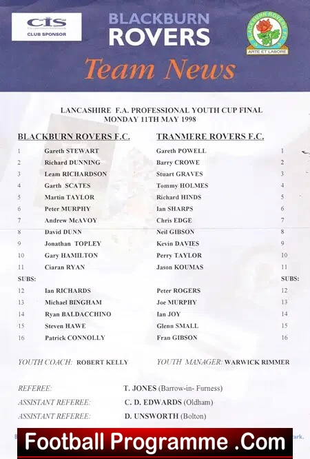 Blackburn Rovers v Tranmere Rovers 1998 – Lancs Youth Cup Final