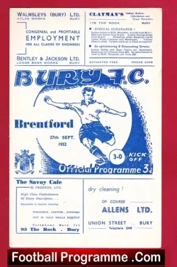 Bury v Brentford 1952 - football programme