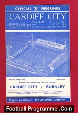 Cardiff City v Burnley 1960 - Football League Cup 1st Season - football programme