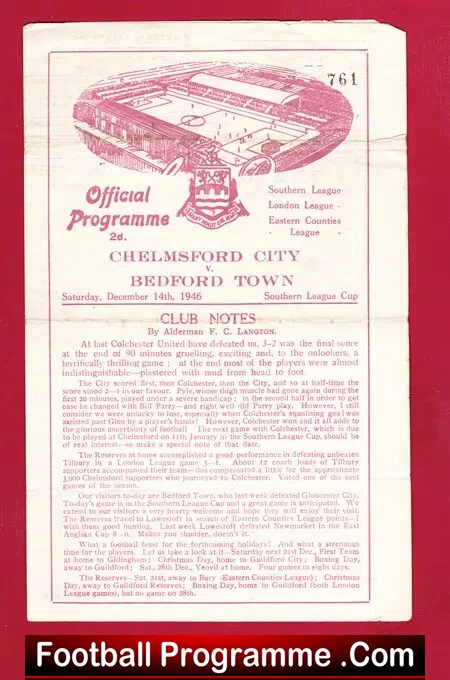 Chelmsford City v Bedford Town 1946 Official Football Programme