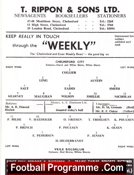 Chelmsford City v Vejle Boldklub 1964 - Friendly Denmark Team