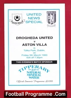 Drogheda United v Aston Villa 1993 - Tolka Park Dubin Ireland - football programme