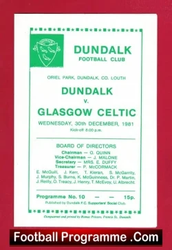 Dundalk v Glasgow Celtic 1981 - Oriel Park Louth Ireland - football programme