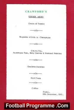 Glasgow Rangers John Greig Signed Autograph Hotel Menu 1965 - football memorabilia