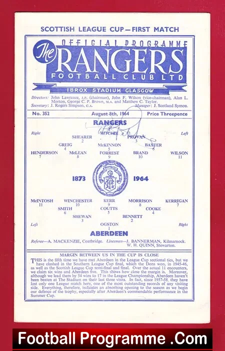 Glasgow Rangers v Aberdeen 1964 – Signed Billy Ritchie