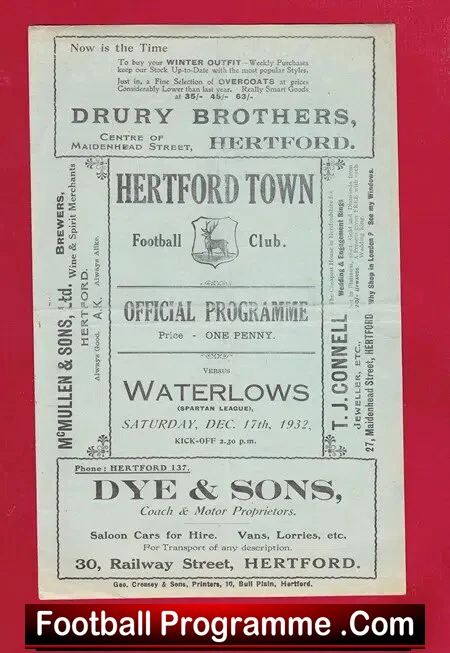 Hertford Town v Waterlows 1932 – 1930’s Football Programmes
