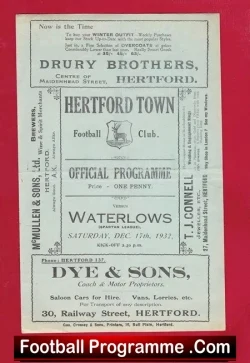 Hertford Town v Waterlows 1932 – 1930’s Football Programmes
