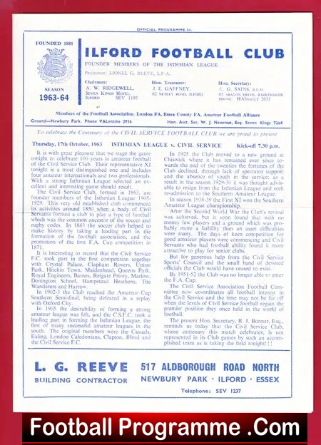 Isthmian League v Civil Service 1963 – at Ilford