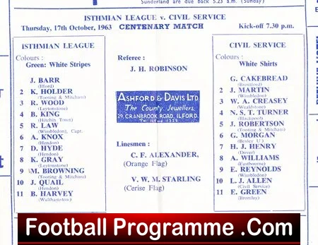 Isthmian League v Civil Service 1963 - at Ilford