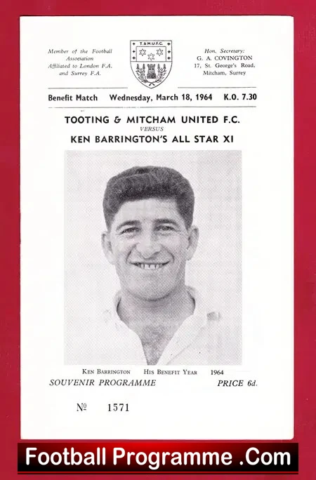Ken Barrington Testimonial Benefit Match Tooting Mitcham 1964