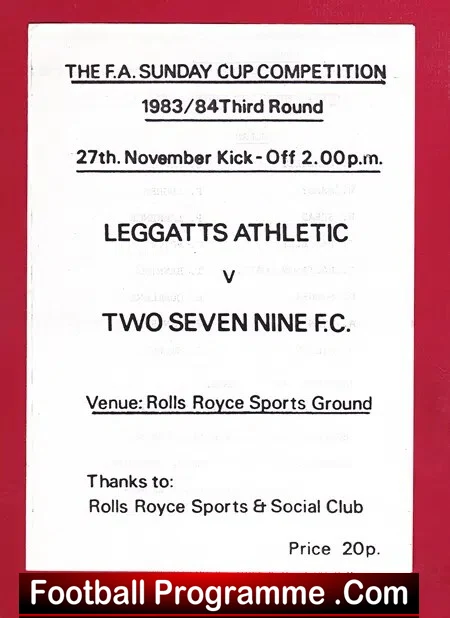 Leggatts Athletic v Two Seven Nine 1983 – Sunday Cup Rolls Royce