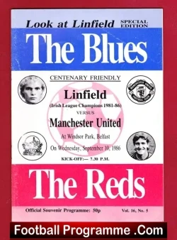 Linfield v Manchester United 1986 - Centenary Friendly Match - football programme