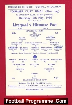 Liverpool Boys v Ellesmere Port Boys 1954 - Cup Final at Everton - football programme