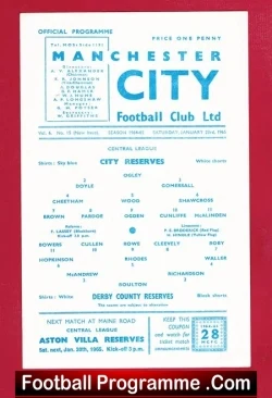 Manchester City v Derby County 1965 - Reserves Match - football programme