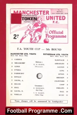 Manchester United v Rotherham United 1970 - FA Youth Cup - football programme