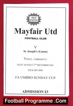 Mayfair United v St Josephs 2001 - Sunday Cup - football programme