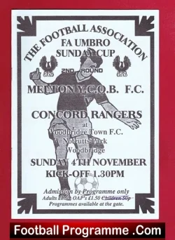 Melton COB v Concord Rangers 2001 - Sunday Cup - football programme