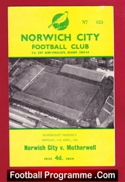 Norwich City v Motherwell 1961 - Floodlight Friendly Match - football programme