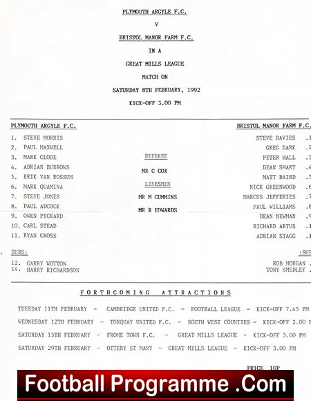 Plymouth Argyle v Bristol Manor Farm 1992 – Great Mills League