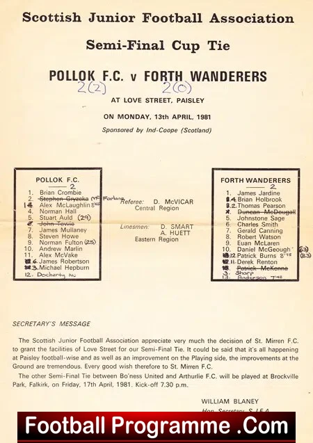 Pollok v Forth Wanderers 1981 Scottish Junior Semi Final Paisley