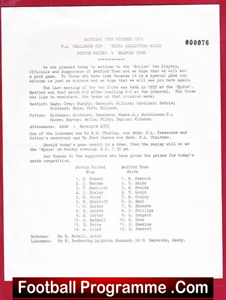 Potton United v Bedford Town 1974 – FA Cup