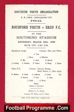 Rochford Youth v Ekco 1946 - Challenge Cup Final Southend 1940's - football programme