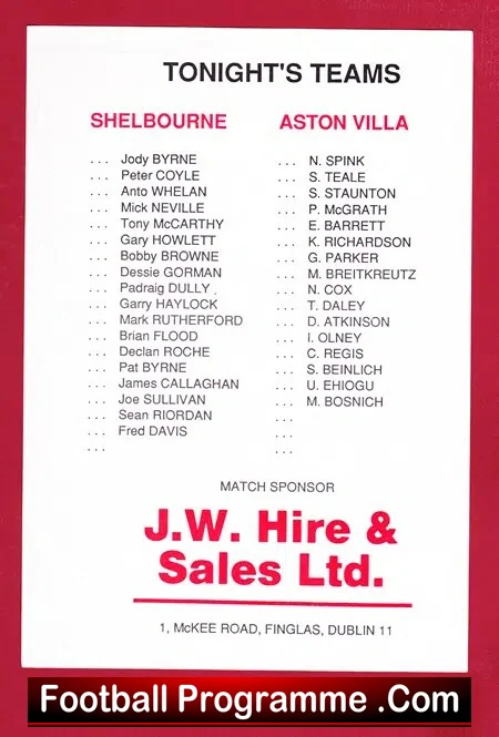 Shelbourne v Aston Villa 1992 - Tolka Park Dubin Ireland