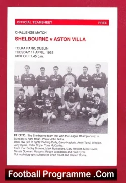 Shelbourne v Aston Villa 1992 - Tolka Park Dubin Ireland - football programme