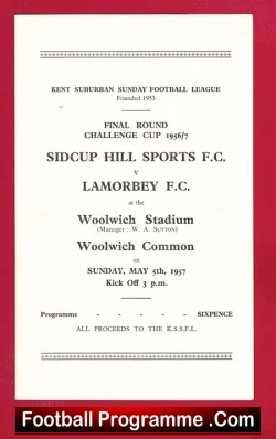 Sidcup Hill Sports v Lamorbey 1957 - Challenge Cup Final - football programme