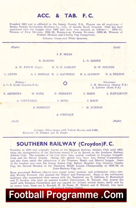 Southern Railway Croydon v ACC TAB 1948 - Senior Final Selhurst
