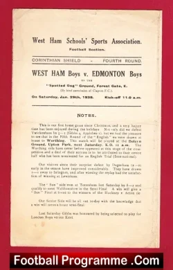 West Ham Boys v Edmonton Boys 1938 - Schoolboy Corinthian Shield - football programme