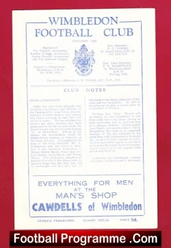 Wimbledon v Lengnau Bern 1956 - Switzerland Team - football programme