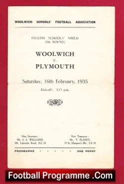 Woolwich v Plymouth 1935 – English Schoolboys Shield 1930’s