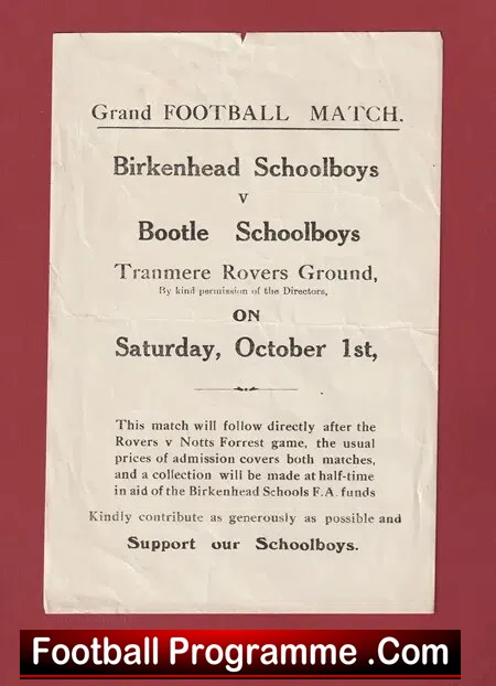 Birkenhead v Bootle 1950s – Schoolboys Flyer at Tranmere Rovers