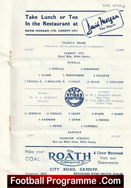 Cardiff City v Charlton Athletic 1953