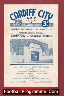 Cardiff City v Charlton Athletic 1953 - football programme
