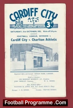 Cardiff City v Charlton Athletic 1953 - 1950s - football programme